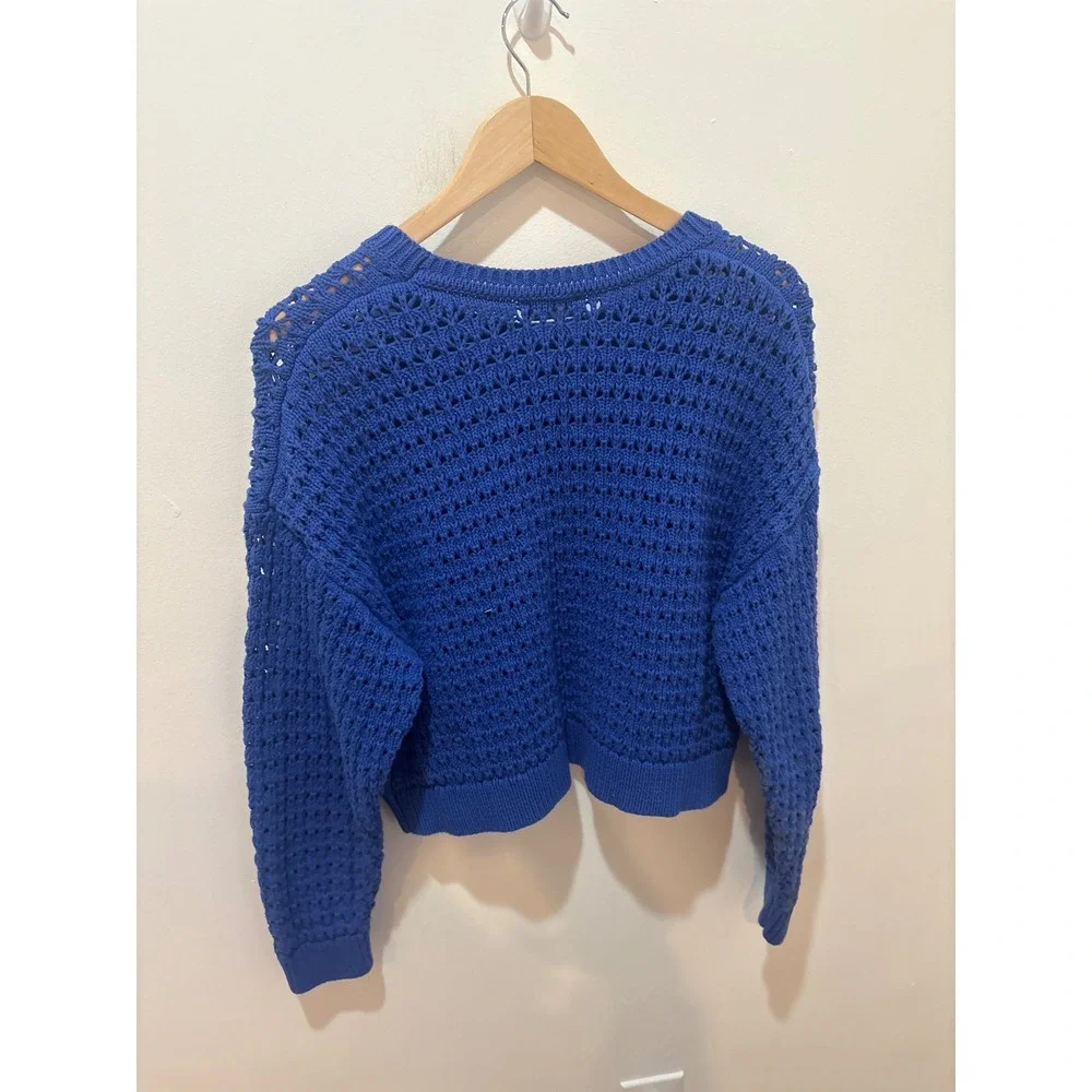 Gap Womens Royal Blue Crochet Knit Cotton Sweater Medium Long Sleeve Cropped - Picture 1 of 6